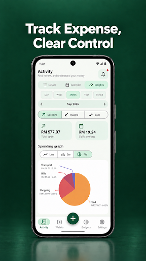 Tally activity screen with expense insights and category chart